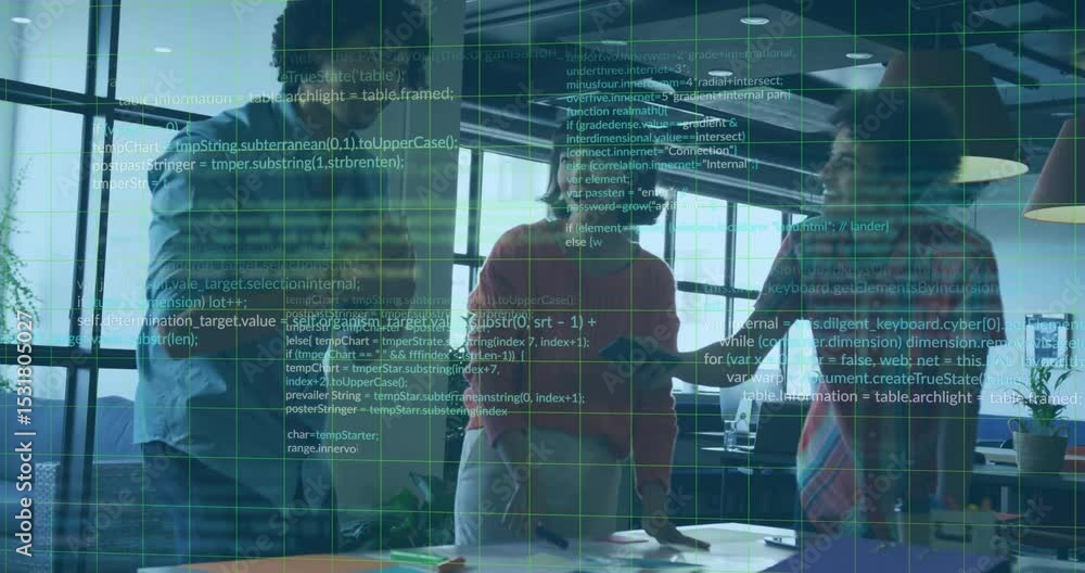 Aufkleber team leaning over table pointing at documents, collaborating in business office with code overlay