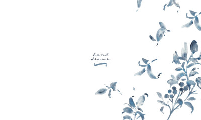 水彩画。水彩タッチのモノクロのベクターイラスト。モノクロの植物画。夏の植物フレーム。Watercolor painting. Black and white vector illustration with watercolor touch. Black and white botanical drawing. Summer plant frame.