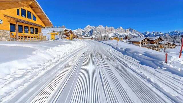 Sunny Day on a Snow Covered Cross Country Ski Trail in the Mountains