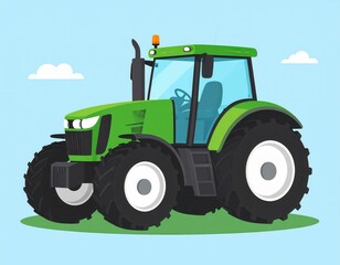 Obraz premium Bright green tractor with large tires and enclosed cabin on grassy field under blue sky with clouds