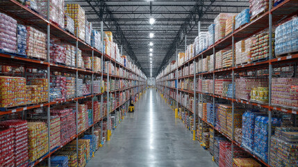 Warehouse aisle with massive shelves stocked with various packaged goods bright industrial lighting, creating vast and organized shopping space