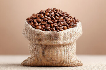 Rustic burlap sack filled to brim with roasted coffee beans, showcasing rich brown tones and cozy, warm atmosphere
