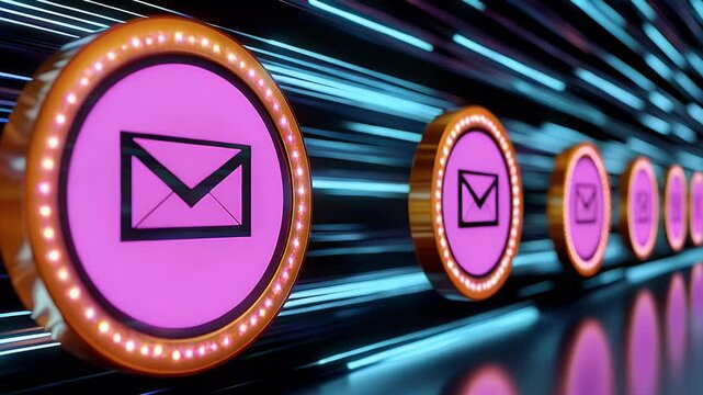 Abstract Animation Pink Email Icons In Glowing Gold Frames Dark Blue Background