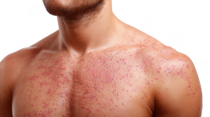 Close up of a man's chest and shoulder exhibiting a measles rash, highlighting the characteristic red spots and skin irritation against a transparent background