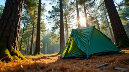 Green tent in a forest. Camping scene, suitable for travel and outdoor adventure themes.