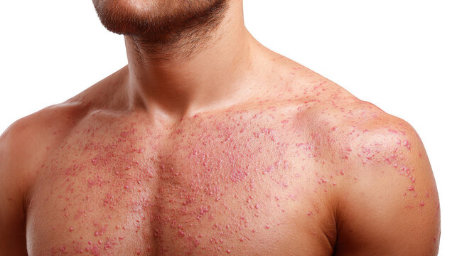 Close up of a man's chest and shoulder exhibiting a measles rash, highlighting the characteristic red spots and skin irritation against a transparent background