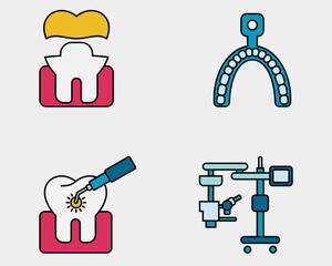 Dental icon set. Containing Gold crown, molds, Dental laser, surgical microscope. filled outline icon style.