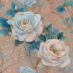 magical seamless pattern featuring pastel pink roses, shimmering blue leaves, and glowing sparkles on a dreamy twilight background. Ideal for fairytale themes, romantic stationery, luxury fabric