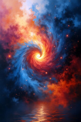 A swirling galaxy features rich hues of blue, orange, and red, creating a breathtaking cosmic scene against a tranquil backdrop. Generative AI.