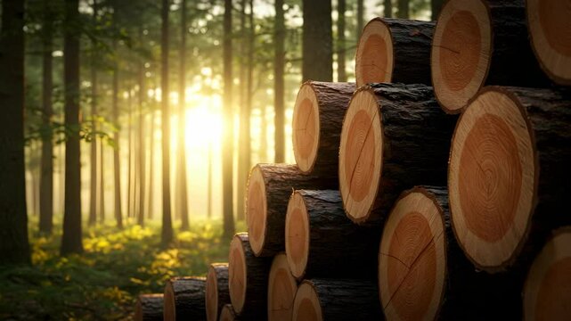 Stacked Timber Logs in a Forest with Sunlight Filtering Through the Trees Showcasing Wood Grain Texture and Natural Environment