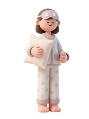 3D cartoon sleepy woman in polka dot pajamas with sleep mask and pillow, cozy bedtime character isolated on white
