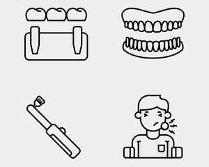 Dental icon set. Containing Dental bridge, dental cast, electric tooth brush, patient. Outline icon style.