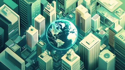 Conceptual infographic of Earth surrounded by futuristic eco friendly buildings emphasizing the importance of sustainable urbanization and energy efficiency