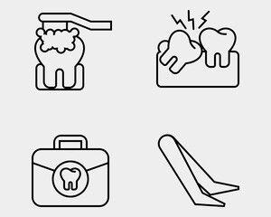 Dental icon set. Containing Brushing tooth, wisdom teeth, Dentist medical kit, tweezers. Outline icon style.