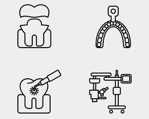 Dental icon set. Containing Gold crown, molds, Dental laser, surgical microscope. Outline icon style.