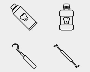 Dental icon set. Containing tooth paste, mouth wash, sickle probe, scaler. Outline icon style.