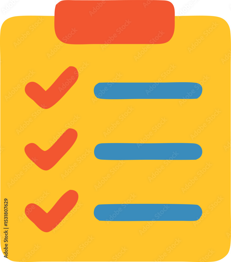 Poster icon a yellow clipboard shows three red check marks and blue lines, illustrating a completed to-do l