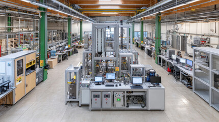 Industrial laboratory with advanced machinery and computer screens, showcasing clean and organized high tech testing environment