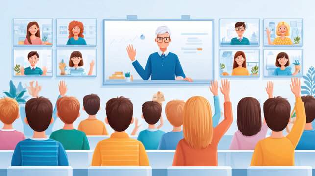 Virtual classroom with students raising hands and teacher on screen, interactive online learning session with diverse avatars