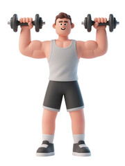 3D cartoon muscular man lifting dumbbells in sportswear strength training concept isolated on white background