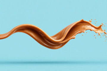 Liquid coffee splash wave with smooth texture and dynamic motion on blue background, creating vibrant and energetic visual effect