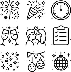 Icon New Year's Eve celebration icons with fireworks, party popper, clock, champagne, kiss, checklist and disco ball