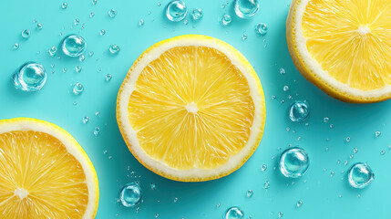 Lemon slices with sparkling water droplets on blue background create fresh and vibrant summer feeling in this photorealistic image