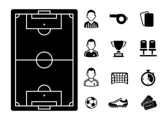 Icons set of soccer elements stock illustration. Soccer and Football Flat Icon Set with Referee, Ball, stadium and Trophy. isolated vector illustration. © Mindra