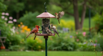 Birds gather at a backyard bird feeder, including a bright red cardinal and woodpeckers, surrounded by lush green garden foliage.