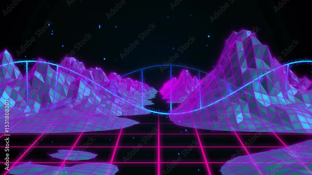Aufkleber neon wave emerging from left edge sweeping across grid and peaks creating glowing bridge for demo