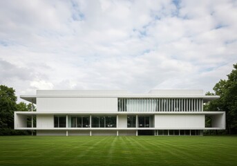 A long, low modern house with white walls and large windows sits on a manicured lawn