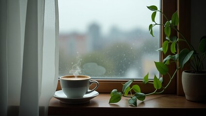 A warm, creamy cup of coffee with a delicate steam rising from its rim, positioned on a rustic wooden windowsill, partially covered with a sheer white curtain that casts a soft, diffused light, as rai