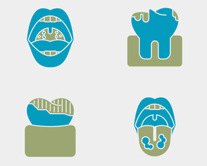 Naklejka premium Dental icon set. Containing Tonsillitis, cavity, darkened tooth, thrush. Solid dual color icon style