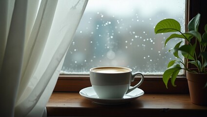 A warm, creamy cup of coffee with a delicate steam rising from its rim, positioned on a rustic wooden windowsill, partially covered with a sheer white curtain that casts a soft, diffused light, as rai