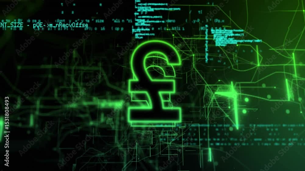 Aufkleber streaming green code converging on center forming glowing pound symbol visualizing currency