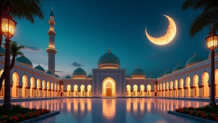 A magnificent, intricately designed mosque with gleaming tiles and ornate arches, set against a serene night sky with a large, golden crescent moon suspended above, surrounded by a constellation of tw