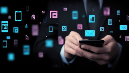 Businessman using smartphone with digital icons