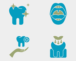  Dental icon set. Containing shiny teeth, oral care, orthodontic treatment, filling. Solid dual color icon style