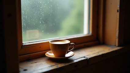 A warm, creamy cup of coffee with a delicate steam rising from its rim, positioned on a rustic wooden windowsill, partially covered with a sheer white curtain that casts a soft, diffused light, as rai