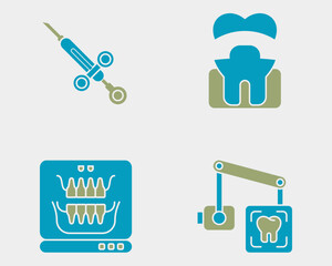 Dental icon set. Containing Dental syringe, silver crown, panaromic x ray, intraoral x ray. solid dual color icon style.