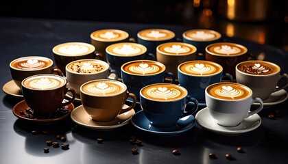 Assorted coffee cups with latte art hot drinks on dark table multiple varieties