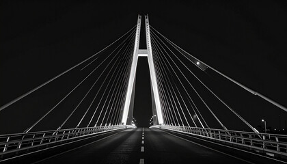 Majestic Cable Stayed Bridge at Night A Striking Black and White Image of Modern Architecture
