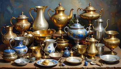 Still Life of Antique Gold and Silver Tableware Elegant Decorative Vessels and Bowls
