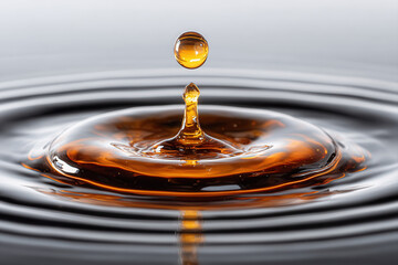 Water drop splash with amber liquid creating ripples and reflection, capturing moment of fluid motion and natural beauty