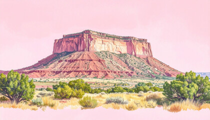 Majestic Mesa Landscape Stunning Desert Vista with Pink Sky and Lush Green Vegetation