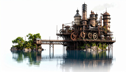 Steampunk Factory Island A Futuristic Industrial Scene on a Calm Lake