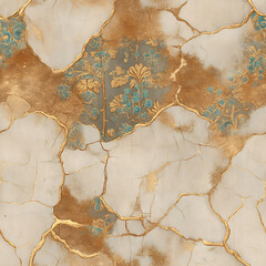 sophisticated seamless pattern blending delicate vintage flowers with a cracked marble texture, accented by glowing gold kintsugi lines. Ideal for luxury stationery, dark academia designs