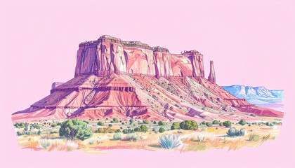 Majestic Desert Landscape Featuring a Dramatic Sandstone Butte Under a Soft Pink Sky