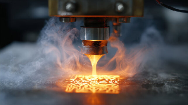 3D printer nozzle molten material glowing with smoke during printing process, creating intricate design with warm light and detailed texture