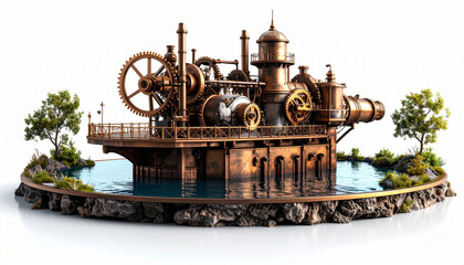 Steampunk Engine Island A Detailed 3D Render of a Retro Futuristic Machine on a Water Island with Lush Greenery